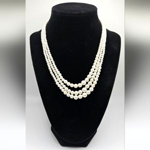 Classic Triple Strand White Pearl Necklace
